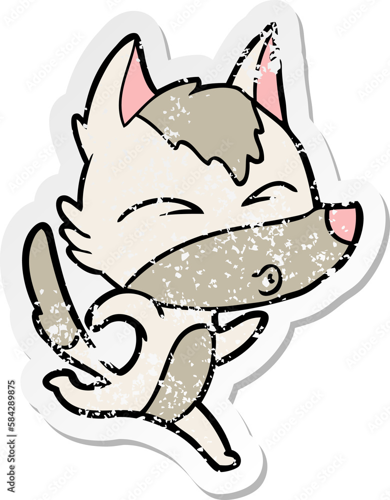 distressed sticker of a cartoon wolf running distressed sticker of a cartoon wolf running