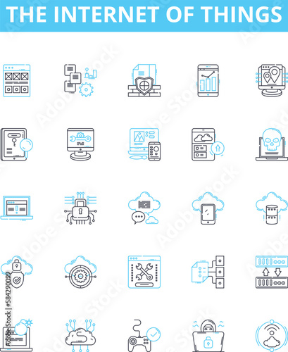the Internet of Things vector line icons set. IoT, Smart, Connected, Automation, Wearables, AI, Sensors illustration outline concept symbols and signs