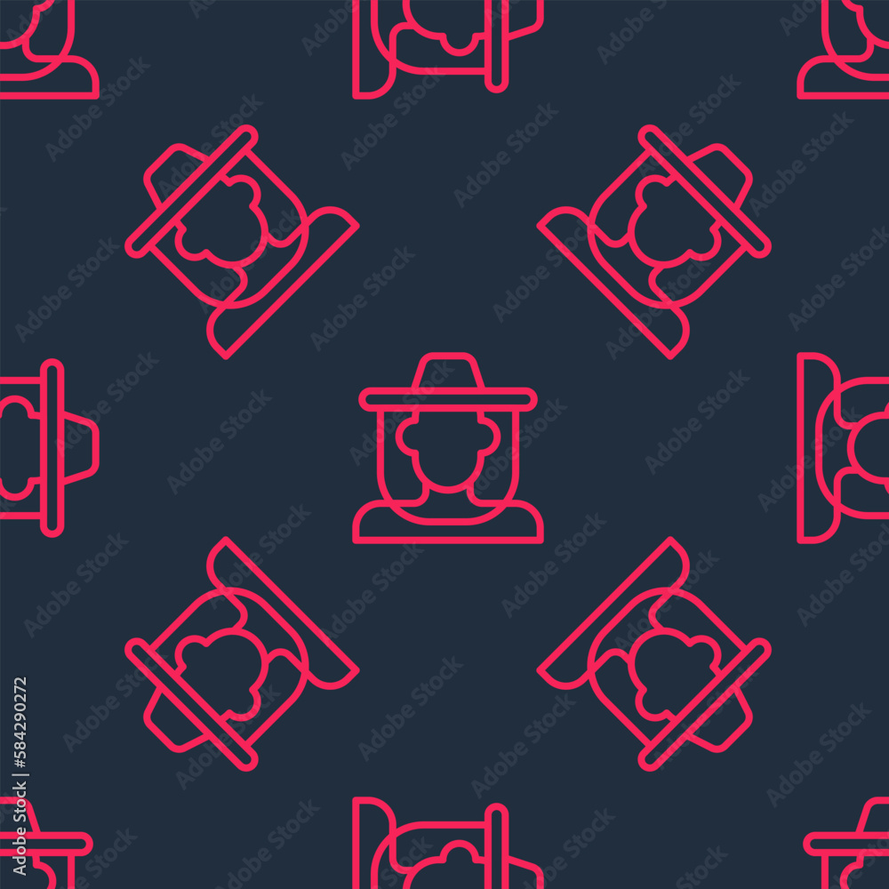 Red line Beekeeper with protect hat icon isolated seamless pattern on black background. Special protective uniform. Vector Red line Beekeeper with protect hat icon isolated seamless pattern on black background. Special protective uniform. Vector