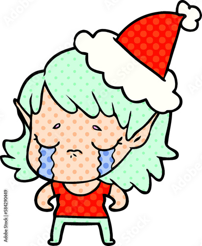 comic book style illustration of a crying elf girl wearing santa hat