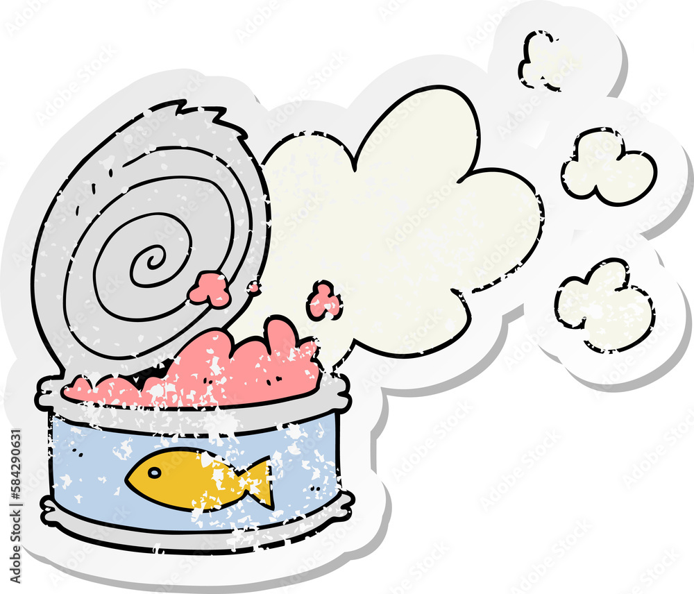 distressed sticker of a cartoon smelly can of fish distressed sticker of a cartoon smelly can of fish