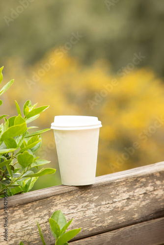 White paper disposable cup with a lid, coffee to go standing on wooden board, plants are blurred on the background. Copy space. Outdoor. Concept of relaxation, spring, recycling, take away. Mock up.