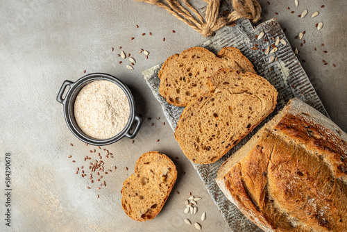 Принти на полотні bran bread with different seeds pumpkin, poppy, flax on wooden board, banner, me