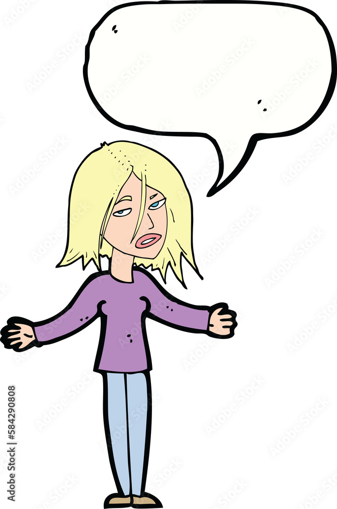 cartoon woman shrugging shoulders with speech bubble