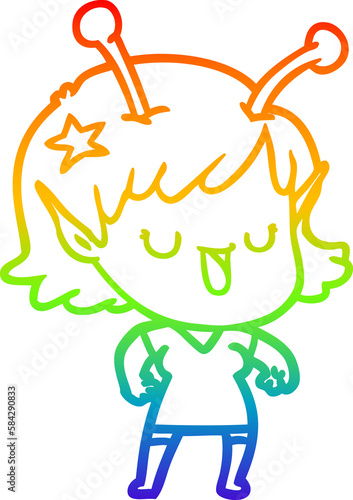 rainbow gradient line drawing happy alien girl cartoon laughing