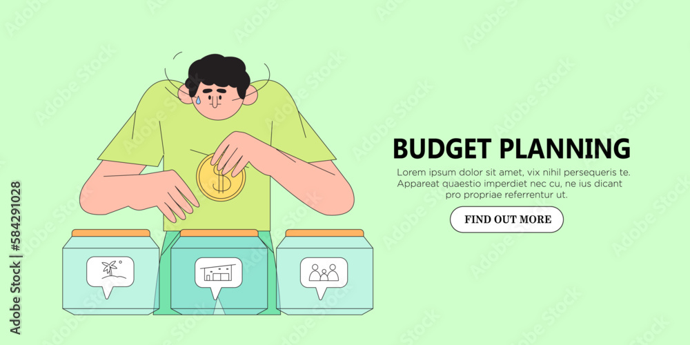 Man have problems with budget planning, money managment and savings. Character collect and putt coin in saving jar. Concept of finance accounting and calculation of financial income and expenses. Man have problems with budget planning, money managment and savings. Character collect and putt coin in saving jar. Concept of finance accounting and calculation of financial income and expenses.