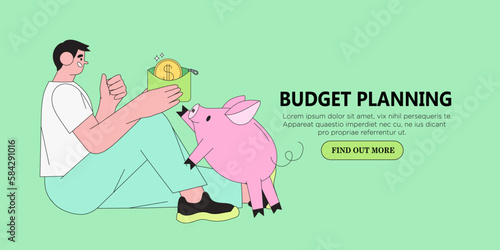 Man with piggybank analyze personal or family budget concept for banner, advertisment for web page or site. Finance accounting and calculation of financial income and expenses vector illustration.