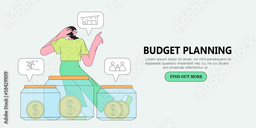Woman have problem with budget planning, money managment and savings. Character collect and putt coin in saving jar. Concept of finance accounting and calculation of financial income and expenses.