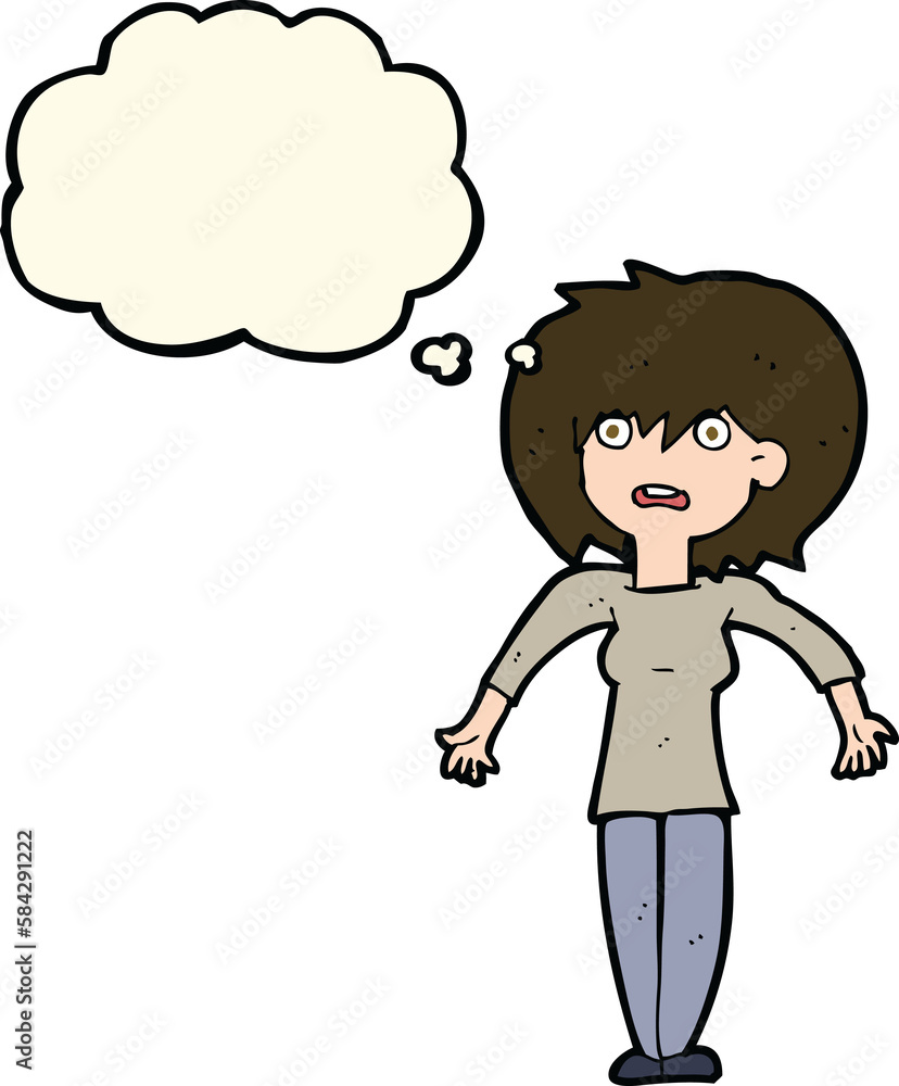 cartoon woman shrugging shoulders with thought bubble cartoon woman shrugging shoulders with thought bubble