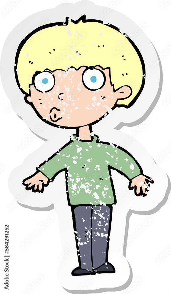 retro distressed sticker of a cartoon surprised boy retro distressed sticker of a cartoon surprised boy