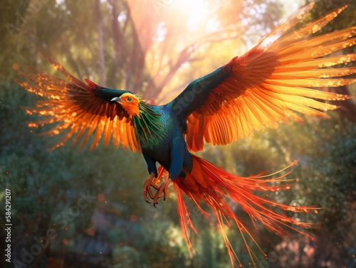 phoenix bird of legend, awe-inspiring fiery plumage, immortal symbol, generative AI
