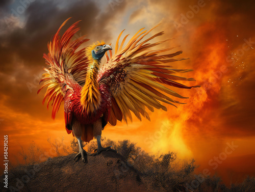 phoenix mythical bird, majestic rising from ashes, vibrant flame-colored, generative AI