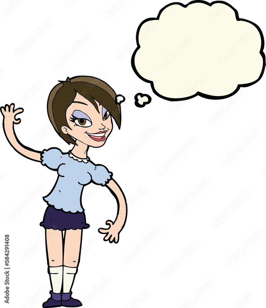 cartoon girl waving with thought bubble cartoon girl waving with thought bubble