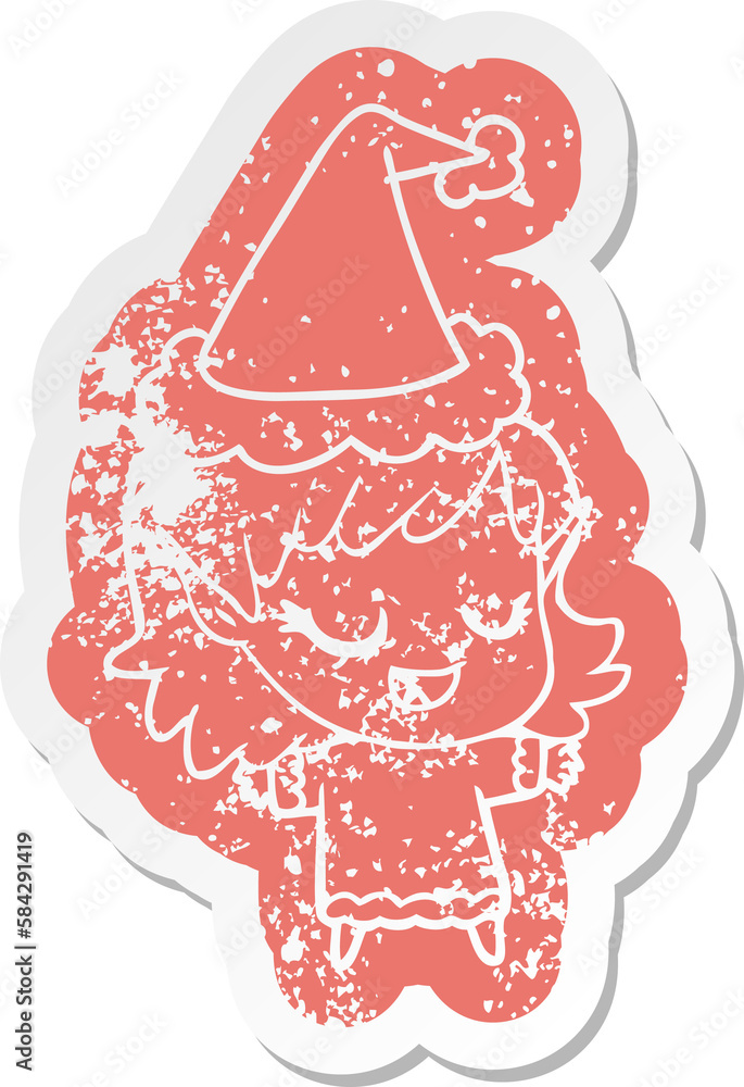 happy cartoon distressed sticker of a elf girl wearing santa hat happy cartoon distressed sticker of a elf girl wearing santa hat