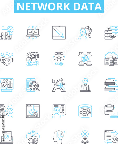Network data vector line icons set. Networking, Data, Transfer, Protocols, Connectivity, Encryption, Sharing illustration outline concept symbols and signs