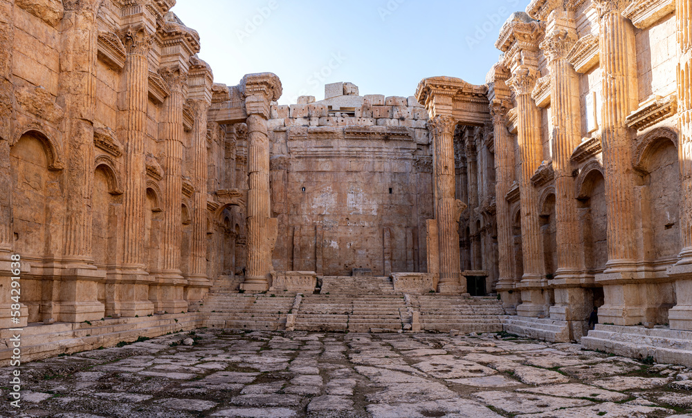 Ruins of Jupiter temple and great court of Heliopolis in Baalbek, Bekaa valley, Lebanon