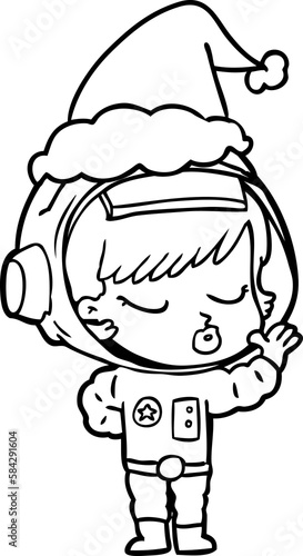line drawing of a pretty astronaut girl wearing santa hat