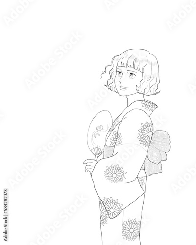 Woman in yukata with a paper fan 