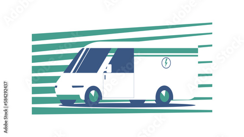 Electric light commercial van in white-blue-green colors. Vector illustration.