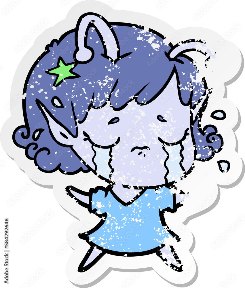 distressed sticker of a cartoon crying alien girl distressed sticker of a cartoon crying alien girl