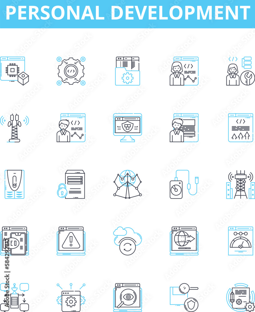 Personal development vector line icons set. Motivation, growth, learning, happiness, reflection, goals, resilience illustration outline concept symbols and signs