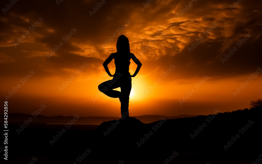 Silhouette of a woman doing yoga by a lake in a warm sunset. Illustrative Generative AI. not a real person.