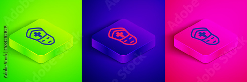 Isometric line Pope icon isolated on green, blue and pink background. Pope hat. Holy father. Square button. Vector