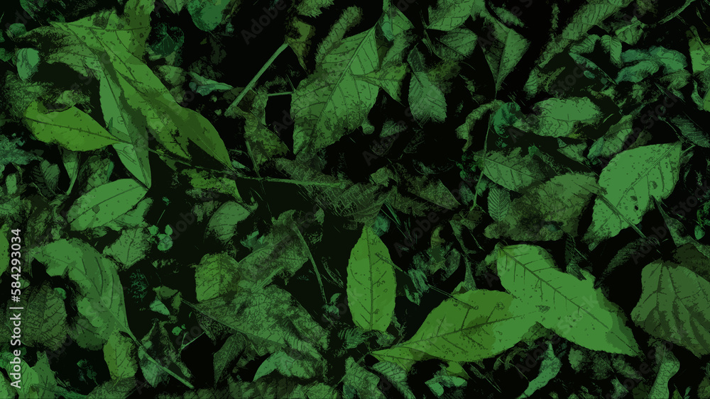 Fallen green leaves with veins on a black background. Art herbal illustration Fallen green leaves with veins on a black background. Art herbal illustration