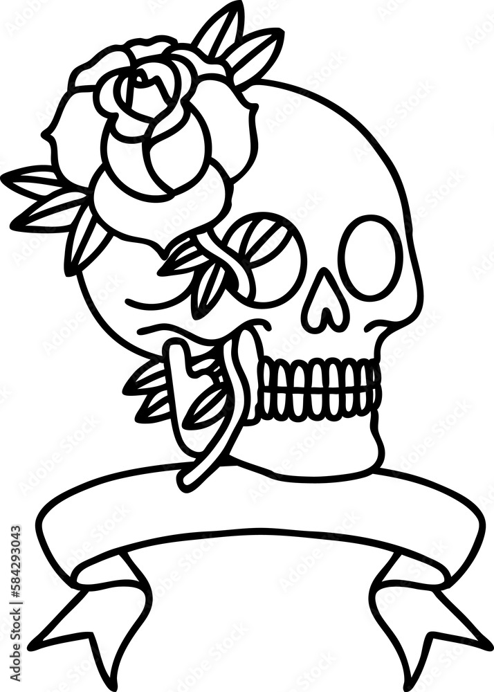 black linework tattoo with banner of a skull and rose black linework tattoo with banner of a skull and rose