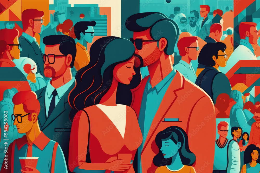Flat retro design: Romantic love between people. Lowers in rich colors | Generative AI Production Flat retro design: Romantic love between people. Lowers in rich colors | Generative AI Production