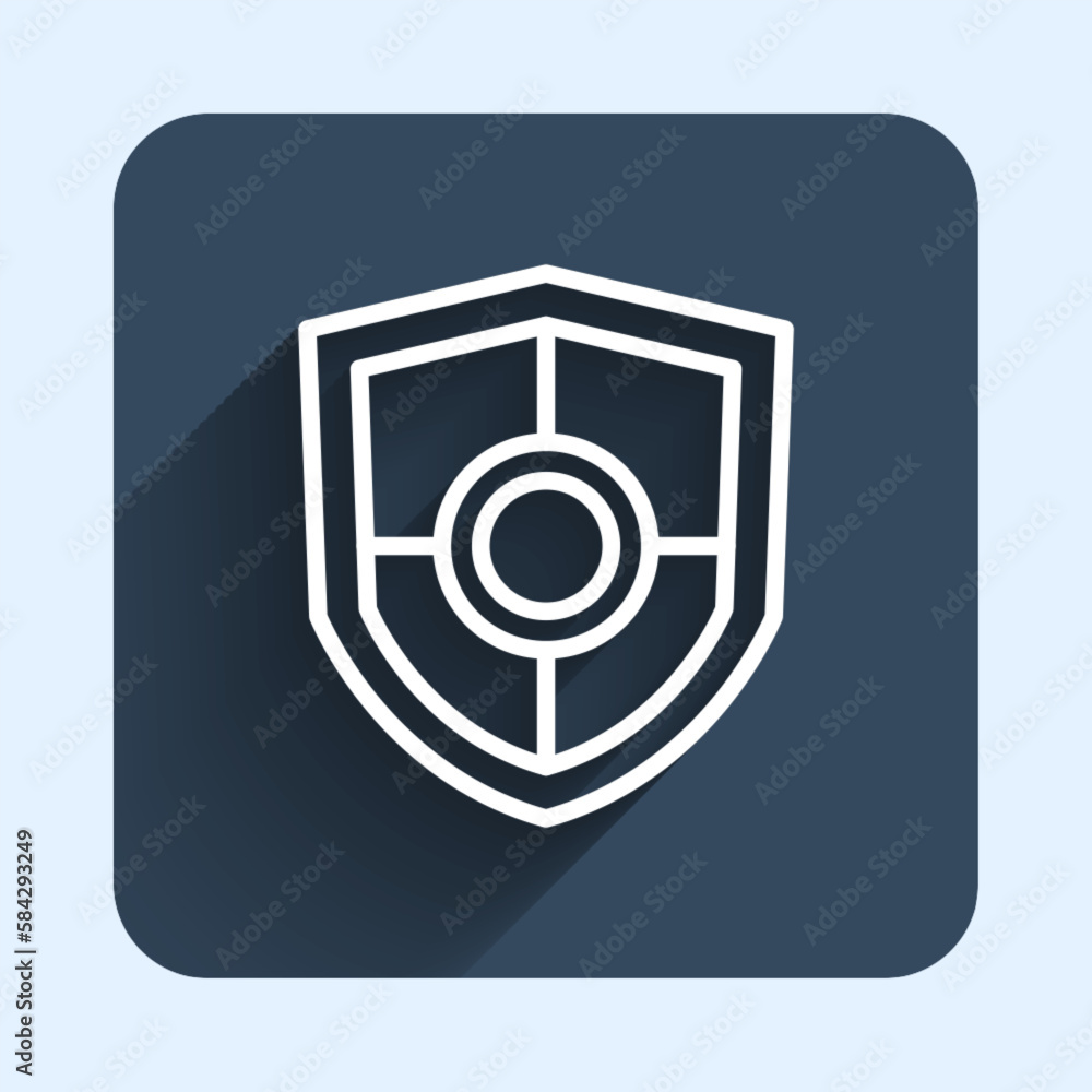 White line Shield icon isolated with long shadow background. Guard sign. Security, safety, protection, privacy concept. Blue square button. Vector White line Shield icon isolated with long shadow background. Guard sign. Security, safety, protection, privacy concept. Blue square button. Vector