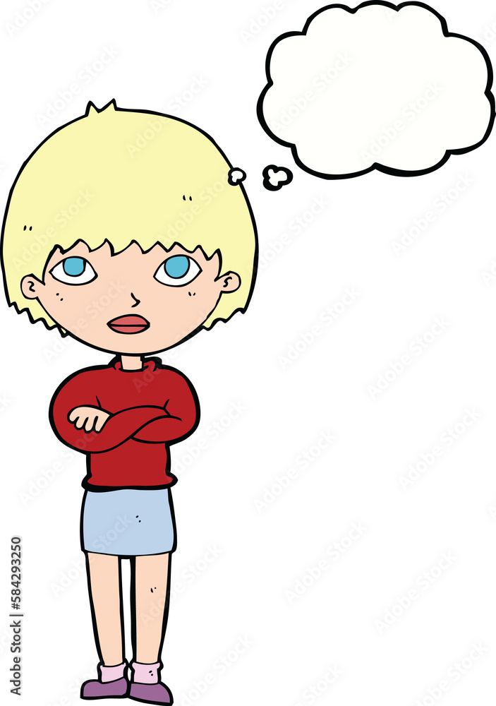 cartoon woman with crossed arms with thought bubble cartoon woman with crossed arms with thought bubble