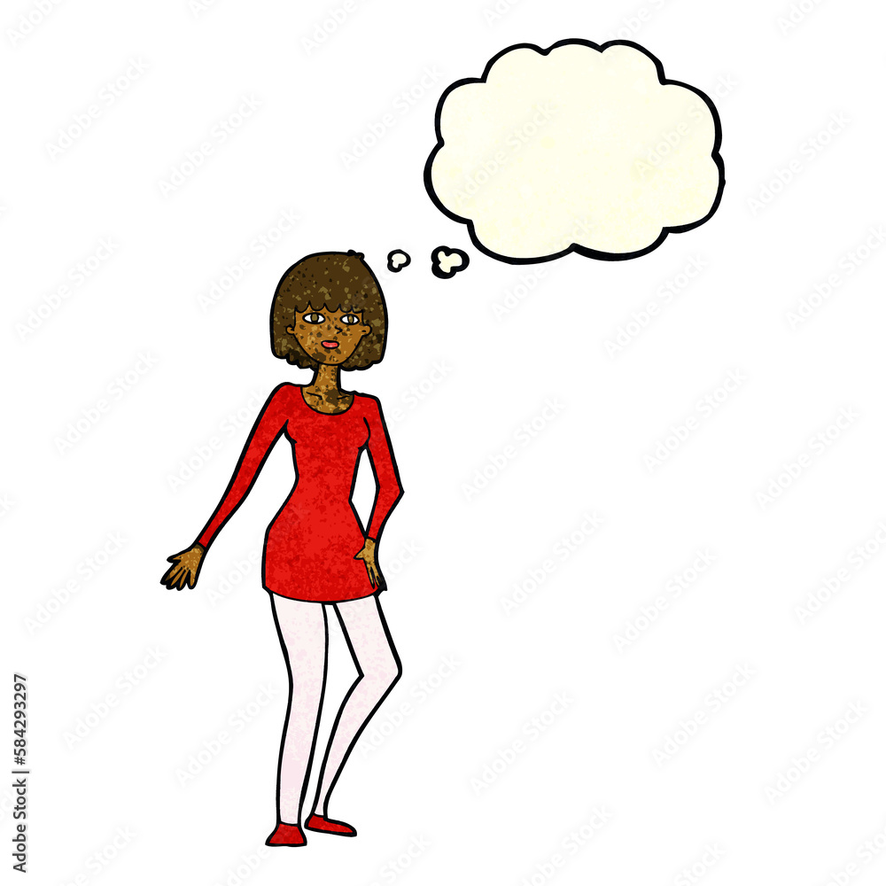 cartoon woman in dress with thought bubble cartoon woman in dress with thought bubble