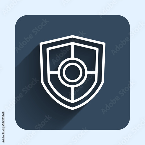 White line Shield icon isolated with long shadow background. Guard sign. Security, safety, protection, privacy concept. Blue square button. Vector
