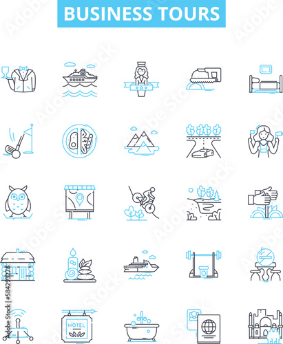 Business tours vector line icons set. Business, tours, corporate, outing, corporate trips, excursion, visit illustration outline concept symbols and signs