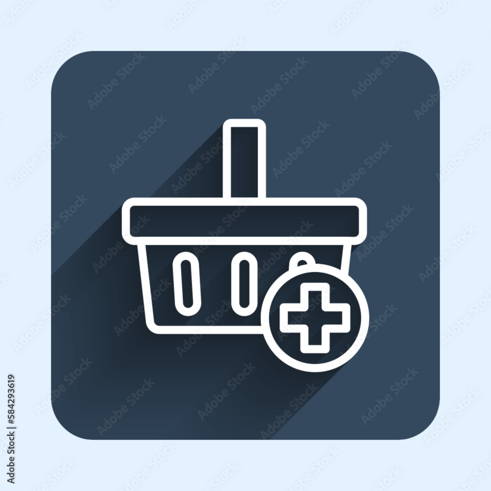 White line Add to Shopping basket icon isolated with long shadow background. Online buying concept. Delivery service. Supermarket basket symbol. Blue square button. Vector White line Add to Shopping basket icon isolated with long shadow background. Online buying concept. Delivery service. Supermarket basket symbol. Blue square button. Vector