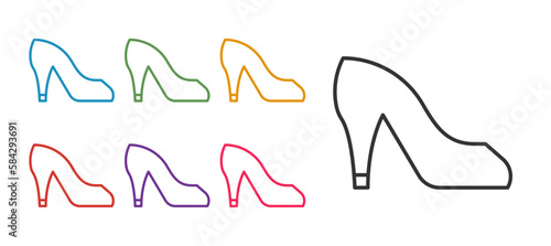 Set line Woman shoe with high heel icon isolated on white background. Set icons colorful. Vector