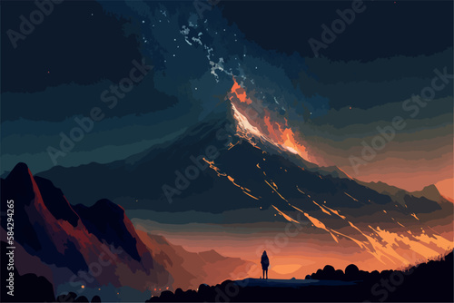 Girl looking at the mount fuji during the night. Vector art of anime woman stargazing. Beautiful atmospheric moody landscape. Relaxing scenery. Sad sihouette drawing. Japanese landmark. Japan nature.