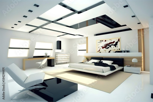 Modern interior bedroom minimal style white wall with sofa and white chairб Window on ceiling 3d rendering, generative ai. © Jim1786