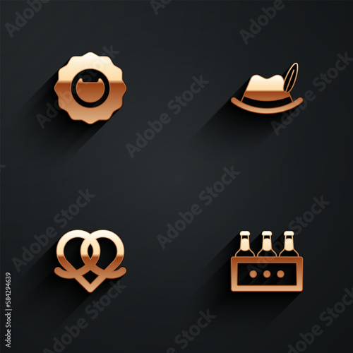 Set Bottle opener, Oktoberfest hat, Pretzel and Pack of beer bottles icon with long shadow. Vector