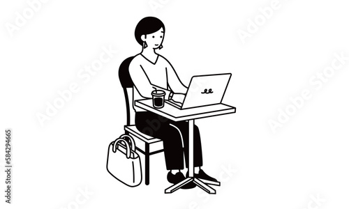 カフェで仕事をする女性のイラスト
