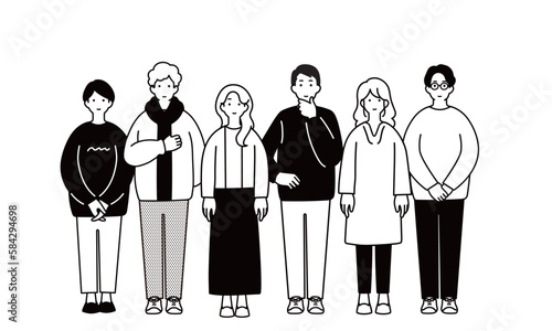 一列に並ぶ若者のシンプルなイラスト
