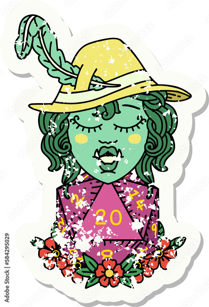 half orc bard with natural twenty dice roll grunge sticker half orc bard with natural twenty dice roll grunge sticker