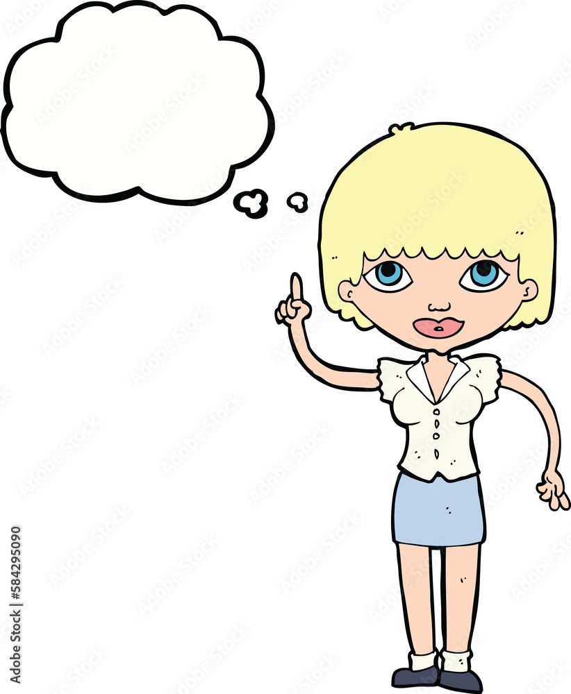 cartoon woman with idea with thought bubble cartoon woman with idea with thought bubble
