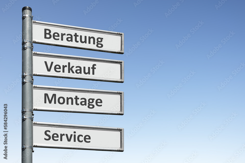 Fototapeta premium Wegweiser, Beratung, Verkauf, Montage, Service