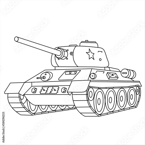 Soviet Tank T-34. Military Vehicle Coloring Book For Children And Adults. Russian World War II Battle Tank Isolated On White Background. Tank Drawing Line Art Vector Illustration