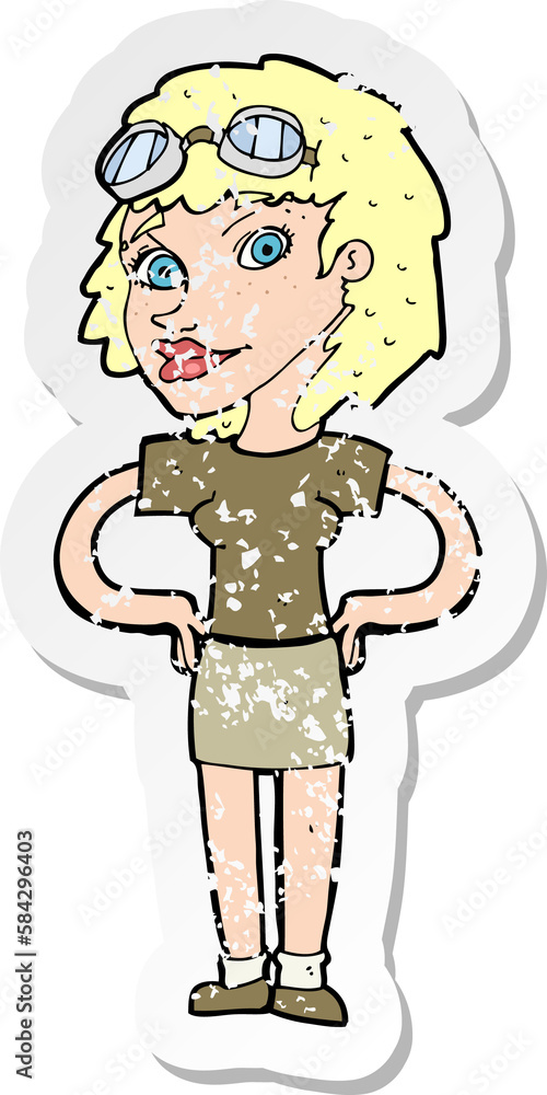 retro distressed sticker of a cartoon retro pilot woman retro distressed sticker of a cartoon retro pilot woman