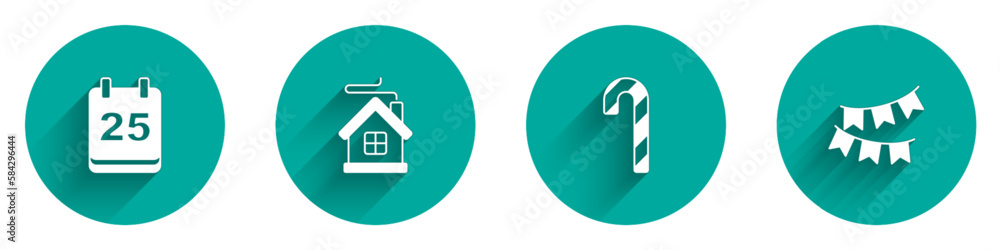 Set Christmas day calendar, Merry house, Candy cane with stripes and Carnival garland flags icon with long shadow. Vector Set Christmas day calendar, Merry house, Candy cane with stripes and Carnival garland flags icon with long shadow. Vector