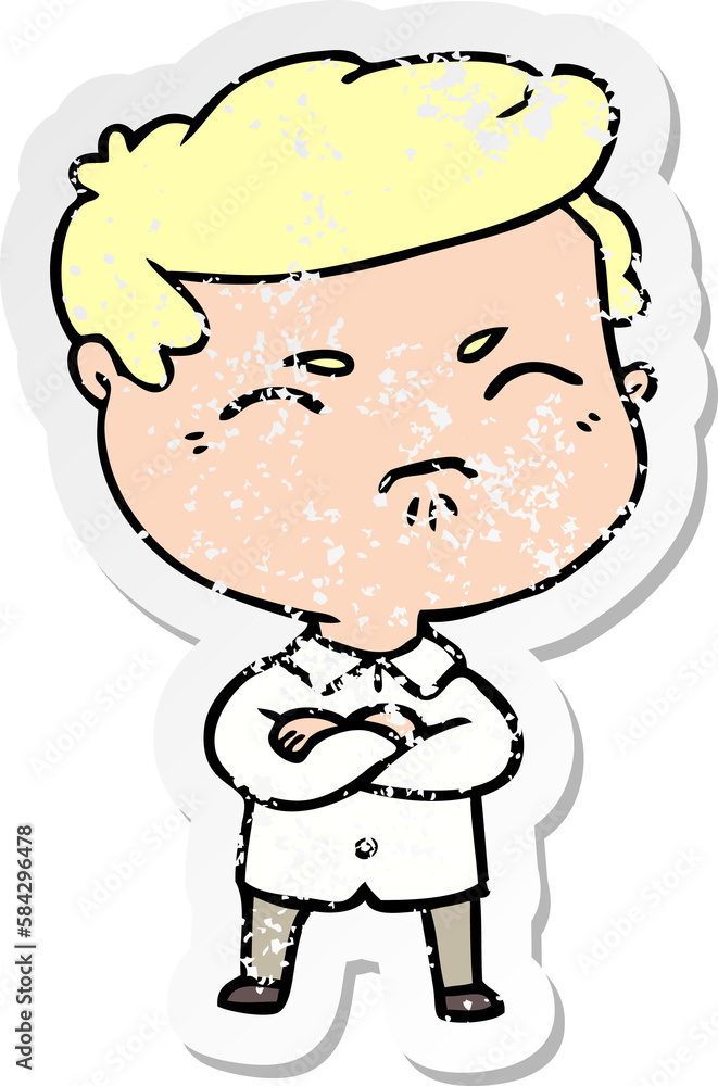 distressed sticker of a cartoon annoyed man distressed sticker of a cartoon annoyed man
