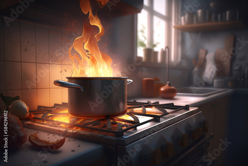Burning gas stove. Fire in a kitchen. Flames of fire in gas stove. Generative AI